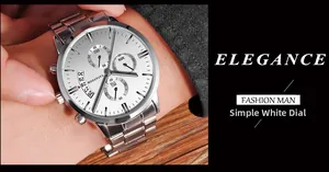 Detail of white chronograph dial with date display and polished stainless steel strap