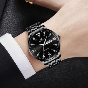 Premium black stainless steel quartz watch with diamond markers and date window