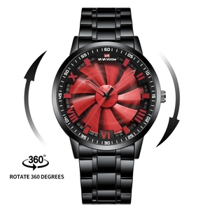 Men's Fashion Quartz Watch With 360 Degree Rotating Turbine Dial Stainless Steel Strap Waterproof Sport Wristwatch
