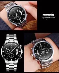 Close-up of VAVAVOOM mens business watch with black dial and three sub-dials on silver band