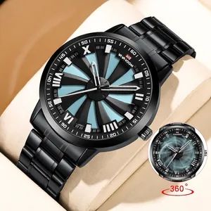 Waterproof quartz watch for men featuring a unique 360-degree rotating turbine fan dial
