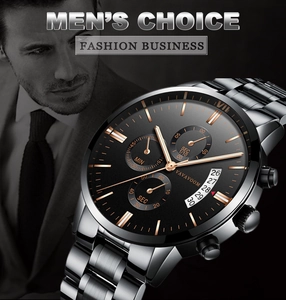 Detailed close-up of VAVAVOOM chronograph watch with black dial and silver stainless steel band