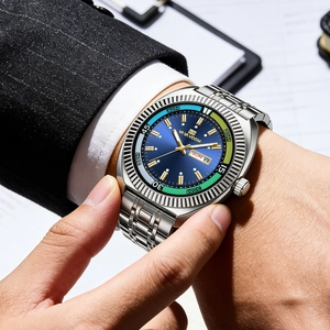 VA VA VOOM Men's Business Watch with Blue Dial, Steel Strap, and Luminous Day-Date Display