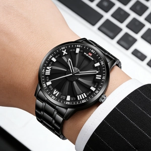 Men's VAVAVOOM matte black waterproof quartz watch with 3D turbine rotating dial and steel band
