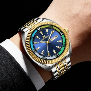 Men's business watch with blue sunray dial and gold fluted bezel on a steel bracelet