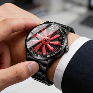 VA VA VOOM Men's Quartz Watch with Rotating Turbine Dial and Black Steel Strap