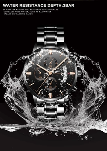 Macro detail of waterproof quartz chronograph watch with water splash effect