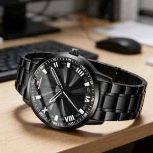 VAVA VOOM black stainless steel watch for men with 3D turbine dial and Roman numerals