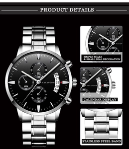 Detailed views of men's stainless steel watch with black dial, calendar and metal strap