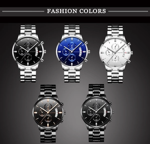 Detailed grid of stainless steel quartz watches with calendar and chronograph sub-dials