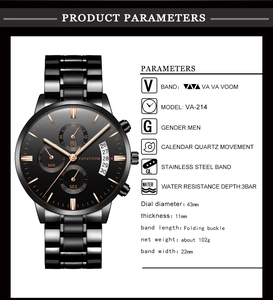 Detailed specs of VA-214 men's black stainless steel quartz watch with calendar