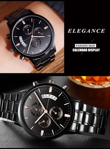 Macro detail of VAVAVOOM mens business watch with black steel band and calendar dial