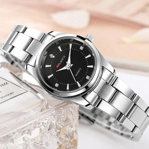 Elegant silver stainless steel quartz watch with black rhinestone dial from a 45-degree angle