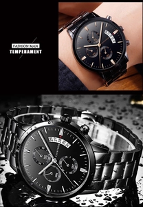 Close-up of waterproof men's stainless steel watch with calendar and chronograph
