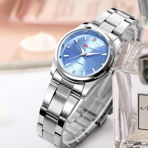 Elegant women's watch with blue sunray dial and silver stainless steel strap