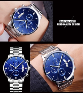 Close-up of VAVAVOOM men's watch with blue sunray dial and silver stainless steel strap
