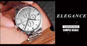 Detail of silver business watch with multi-function chronograph and date display