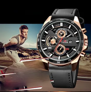 Detail of a men's sports chronograph watch featuring a rose gold case and black leather strap