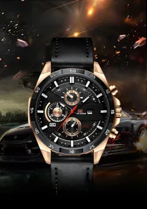 Detail of a rose gold men's chronograph watch with black leather strap and date display