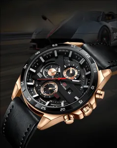Macro shot of racing style men's watch with rose gold case and leather strap detail