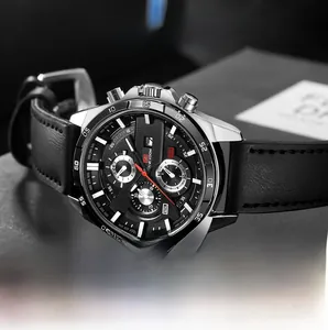 Detail view of quartz watch with black textured leather strap and silver steel casing