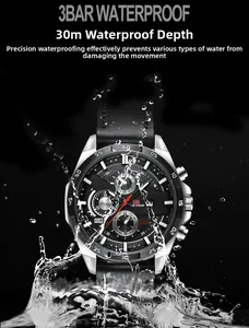Close-up of waterproof men's chronograph watch with splashing water on black dial