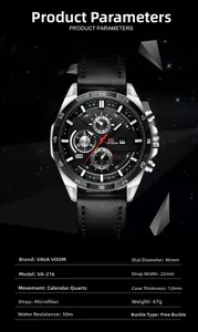 Detail view of 46mm oversized sports watch with leather strap and calendar metrics