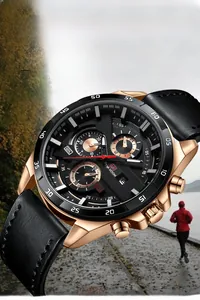 Men's chronograph watch featuring a black leather strap and rose gold multifunction dial
