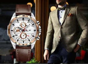 Macro detail of VA VOOM men's chronograph watch with silver case and brown leather strap