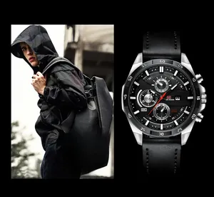 Detail of VA VOOM men's waterproof sports watch with black leather strap and calendar