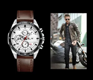 Macro detail of men's chronograph watch with silver case and brown leather strap
