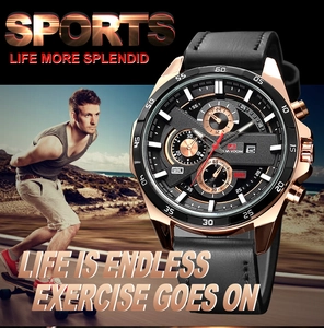 Detail of rose gold multifunctional sports watch with leather strap and chronograph sub-dials