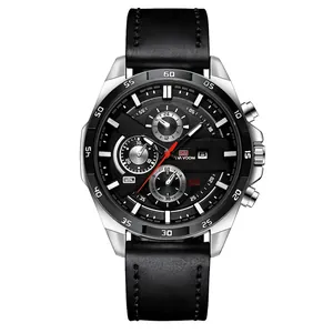 Waterproof men's business casual chronograph watch with black leather strap and silver case