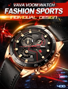 Close-up of VAVA VOOM sports watch dial with racing background and leather strap