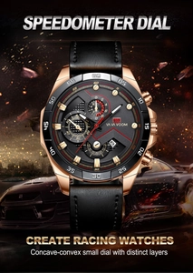 Racing style chronograph watch with rose gold case and tachymeter dial on leather strap