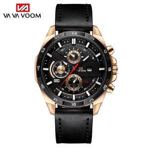 Men's sports quartz watch with rose gold case, black leather strap and chronograph dials