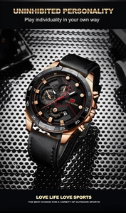 Detail view of VA VA VOOM men's sports watch with black leather strap and rose gold casing