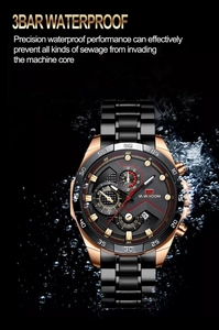 Waterproof quartz men's watch showing 3BAR resistance with dynamic water splashes