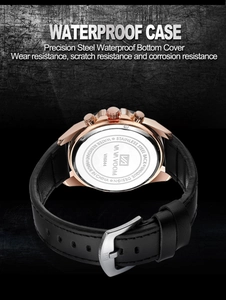 Detail view of VA VA VOOM quartz watch stainless steel waterproof case back and leather strap