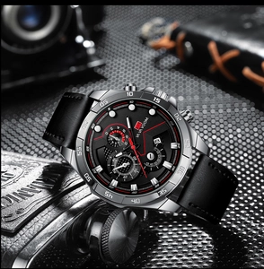 Detail of VA VA VOOM men's watch featuring a black dial and genuine leather strap