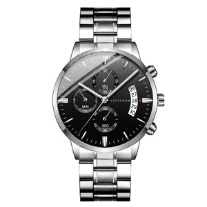 Men's business quartz watch with stainless steel band, black dial and date window