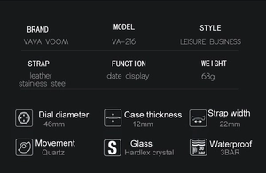 Detailed spec view of men's quartz watch with date function and 46mm diameter dial