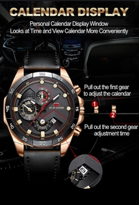 Close-up of luxury men's watch dial showing date window and adjustment instructions