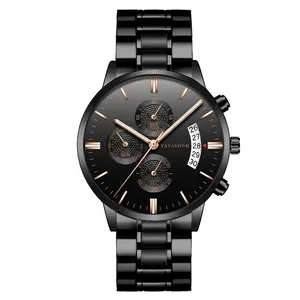Men's business quartz watch with black stainless steel band and multi-function sub-dials