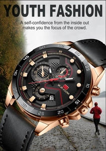 Detail of rose gold quartz watch with black leather strap and multi-functional dial