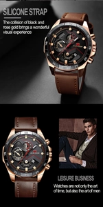 Macro view of men's chronograph watch with rose gold case and black multi-dial face