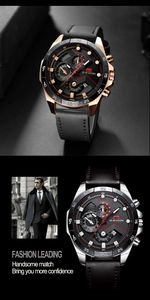 Detail view of VA VA VOOM men's business watches with chronograph dials and leather straps