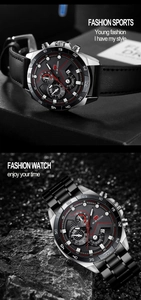 Close-up of stainless steel racing watch with chronograph dial and calendar display