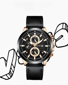 Detail of VAVAVOOM men's watch with rose gold case, black dial and leather strap