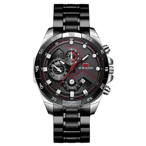 Men's chronograph watch with silver and black stainless steel band and textured dial